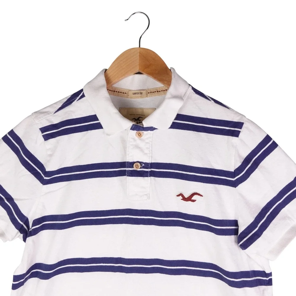 Hollister Mens XL White Navy Blue Striped Surfer Cut Short Sleeve Polo Shirt